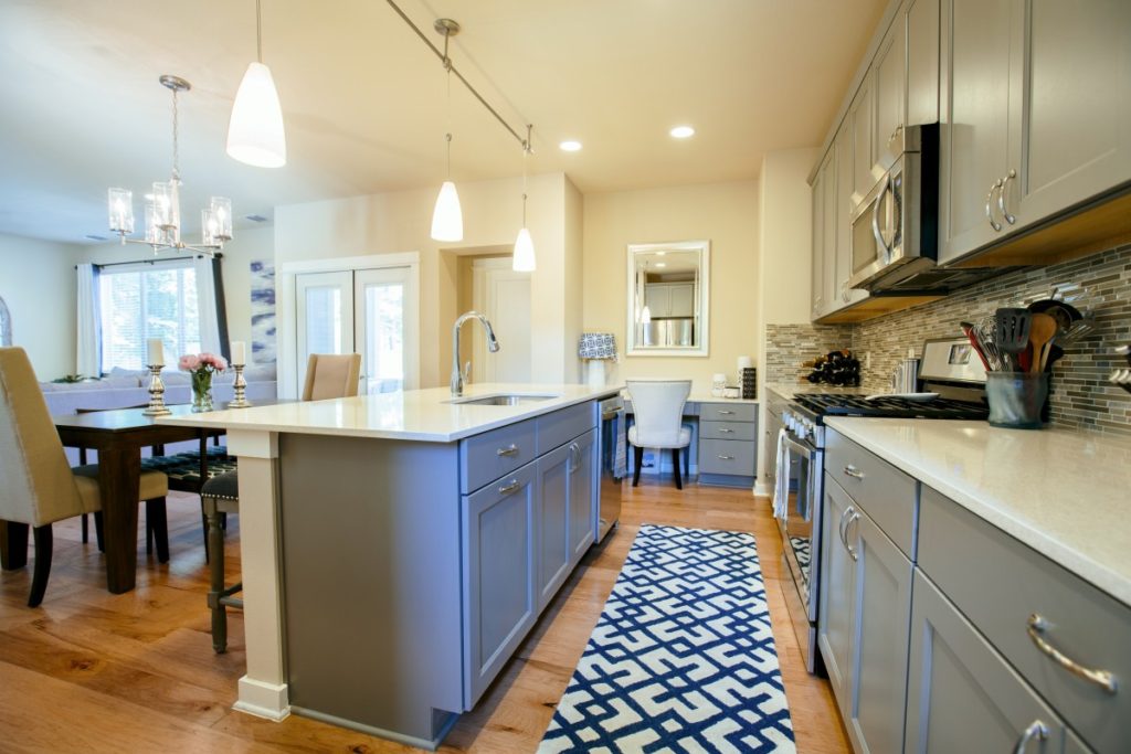 modern home kitchen diner green grey fitting